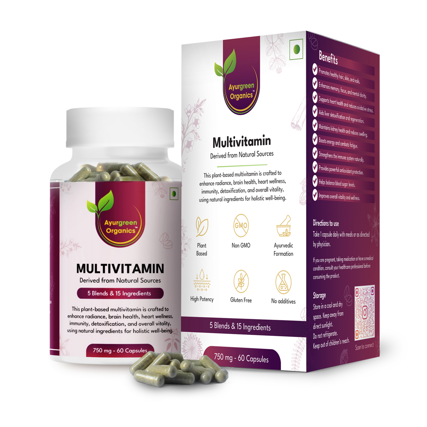 Ayurgreen organics ™  Multivitamin | 60 Veg capsules-750 mg
