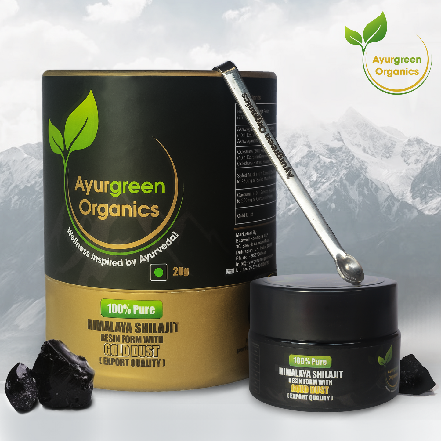 Combos Pack of 2 Ayurgreen organics ™ Gold Shilajit 20g and Ayurgreen Organics Multivitamin | 60 Veg capsules-750 mg