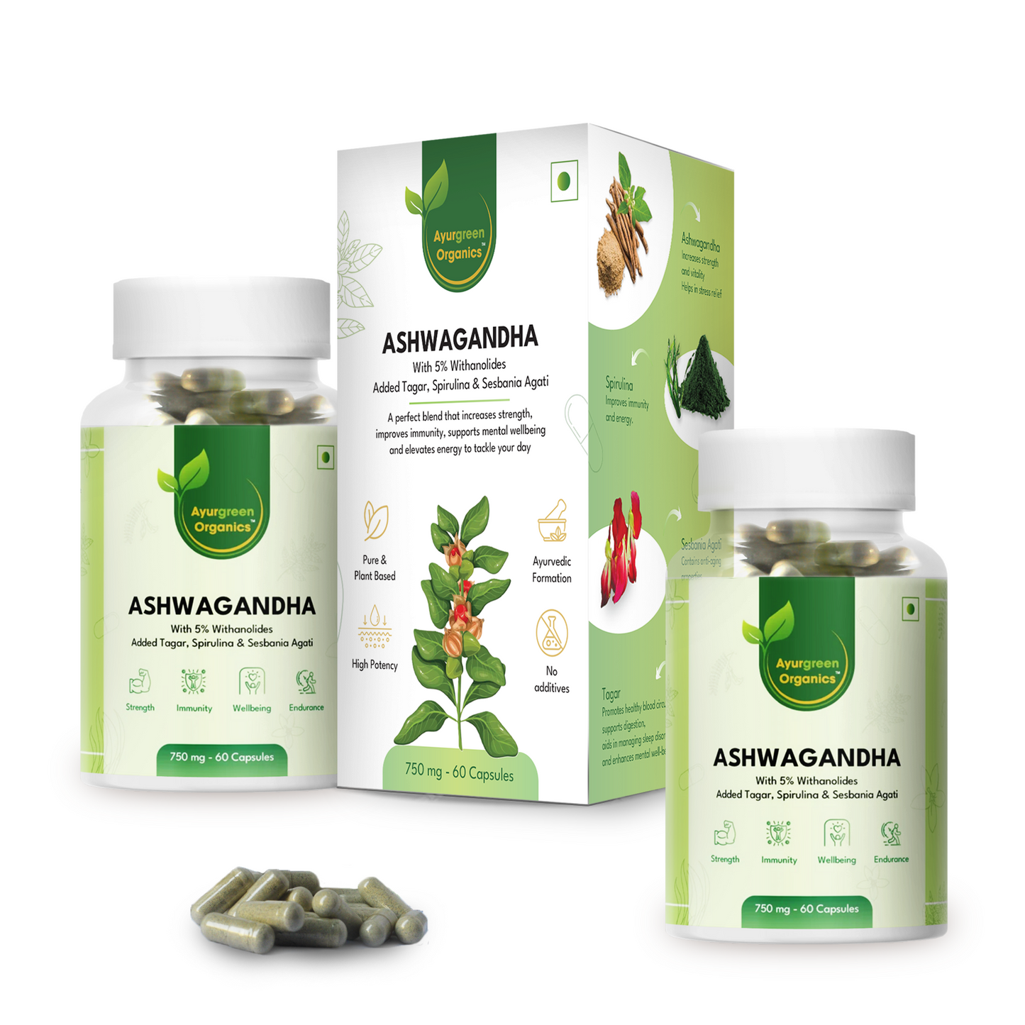 (Pack of 2)  Ayurgreen organics ™ Ashwagandha | 60 Veg capsules-750 mg